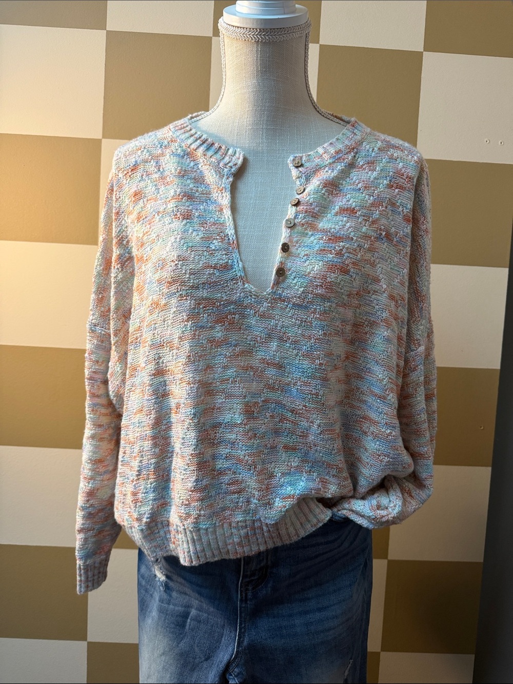 Listicle Pastel Multi V-Neck Henley Sweater